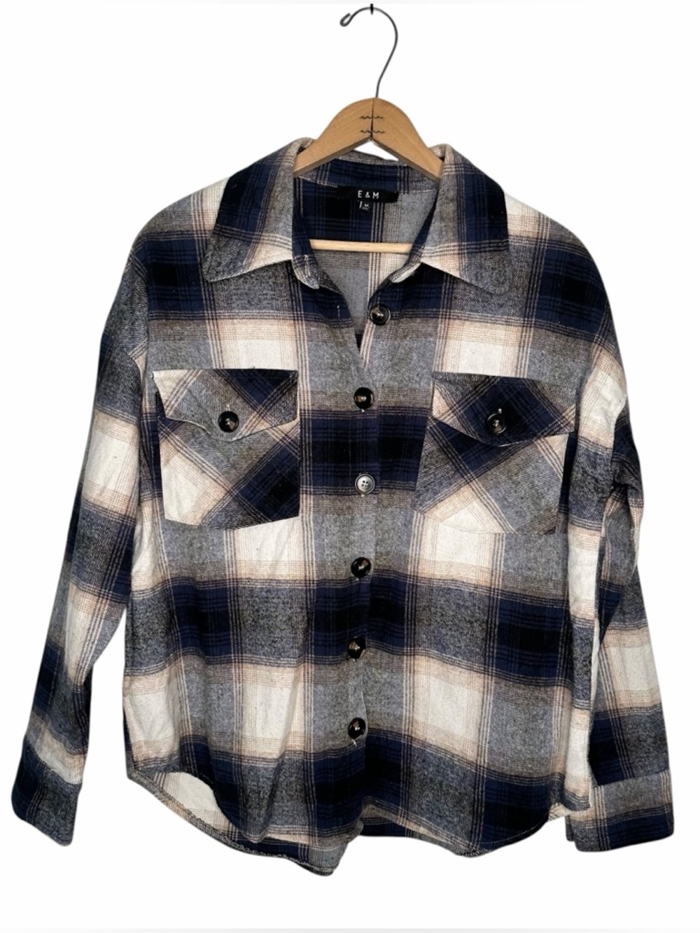 E & M Plaid Flannel Shirt Jacket Size Medium